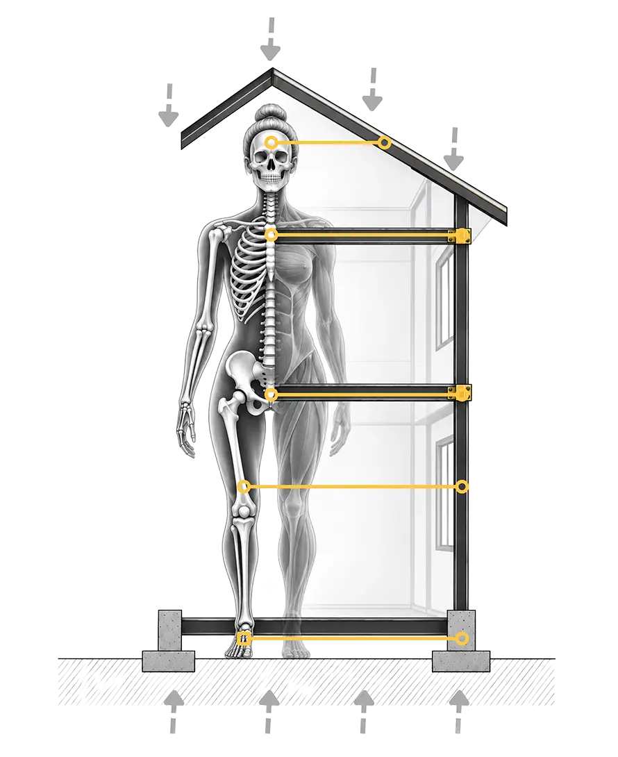 Illustration of a ghosted house outline and a human skeleton, representing OsteoStrong's foundation-first approach to bone health