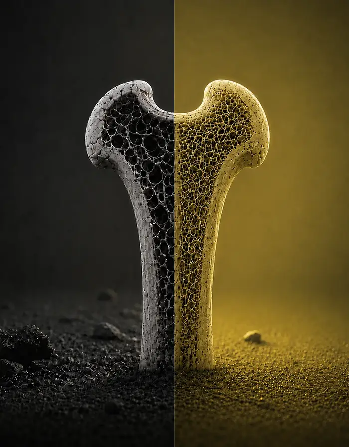 Cross-section illustration of a femur — porous osteoporotic bone on one side, dense healthy bone on the other