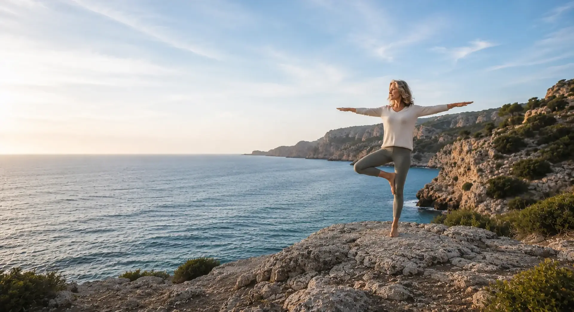 Woman around 50 in tree pose on a coastal trail overlooking the sea, looking out toward the horizon